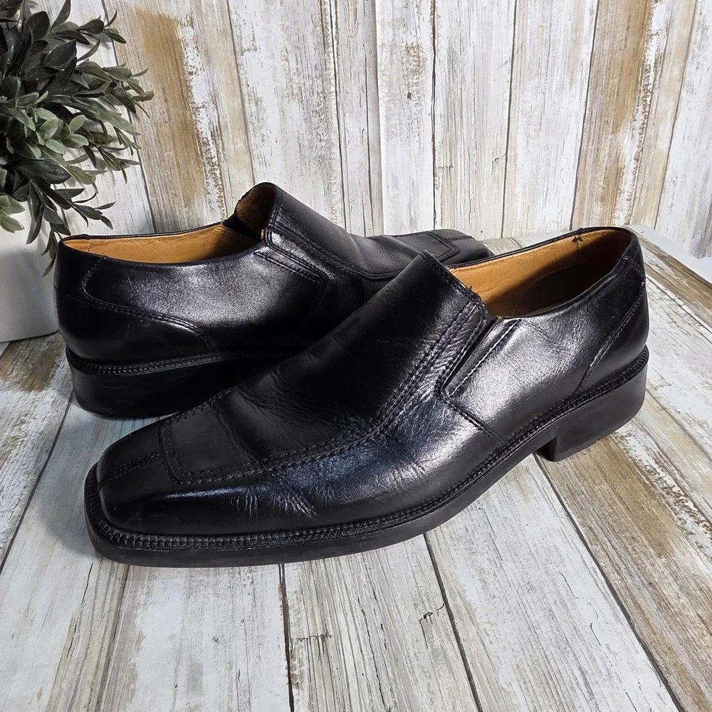 Apt 9 Walker Mens Black Leather Slip On Square Toe Dress Loafers Shoes 9.5 M